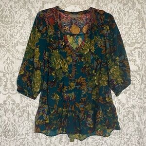 Fig & Flower Mixed Print Floral Snake Boho Hippie Festival Pleated Blouse 1X